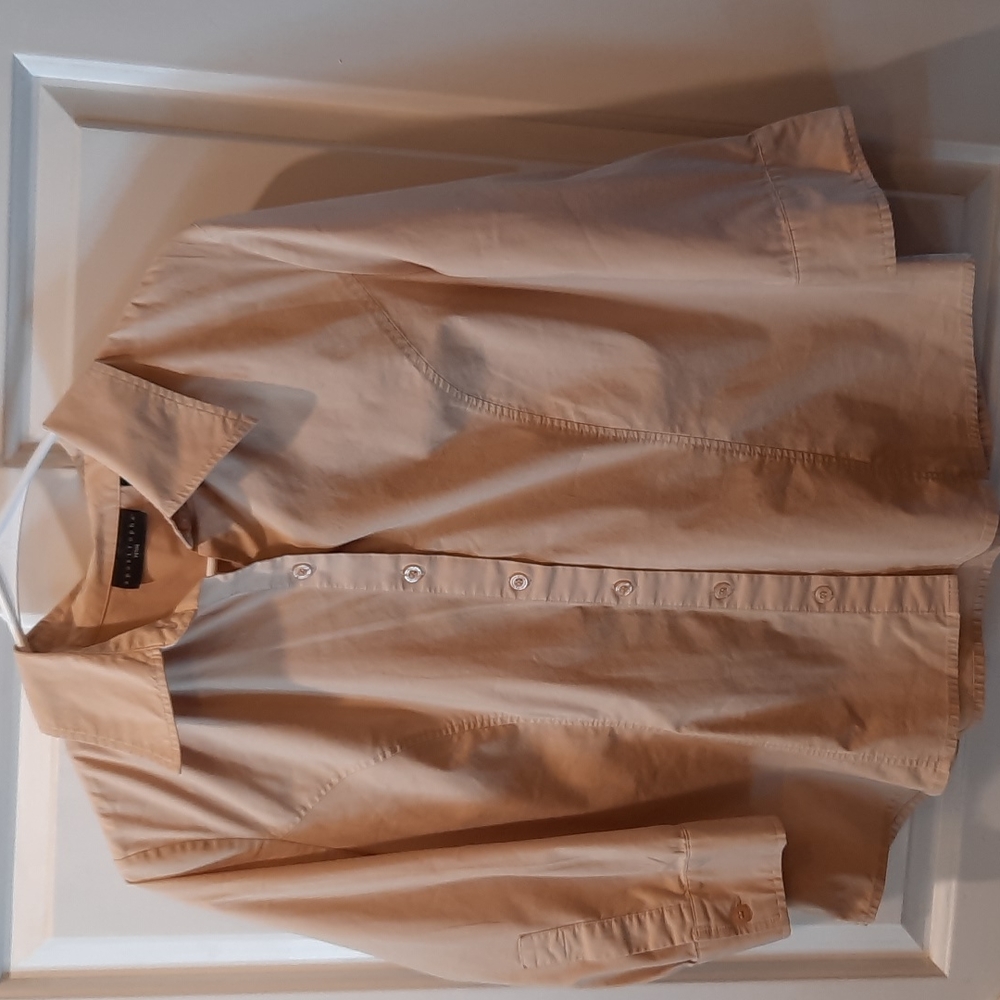Apostrophe 3/4 Sleeve Tan Colored Button Down Shirt size Petite Large - Picture 3 of 7